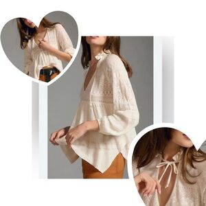 Anthropologie Pointelle Babydoll Sweater Cream Large